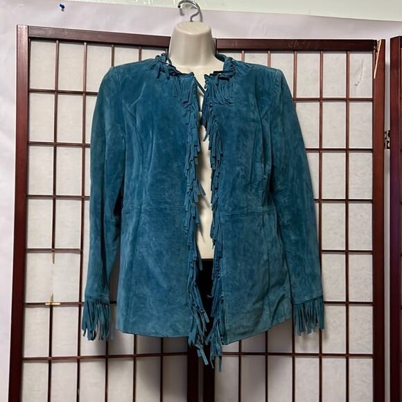 PAMELA MC‎ COY TURQUOISE FRINGE 100% LEATHER JACKET SIZE S - Picture 1 of 8